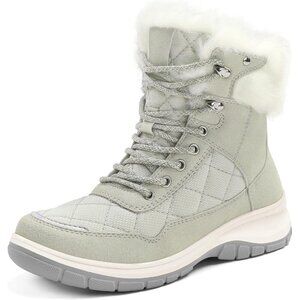 Womens Gray Waterproof Snow Boots Insulated Lace-Up Warm Winter Booties Outdoors